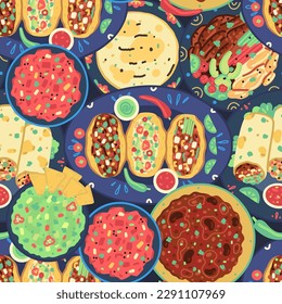Seamless pattern of traditional mexican food on dark background. Mexican cuisine. Tacos, tortilla, fajitas, nachos, burrito, guacamole, salsa, chili con carne. Wallpaper, fabric, wrapping design