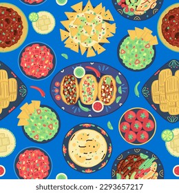 Seamless pattern of traditional mexican food on blue background. Mexican cuisine. Tacos, tortilla, fajitas, nachos, tomales, guacamole, salsa, margarita, chili con carne. Wallpaper, wrapping design