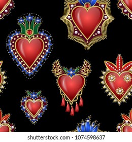 Seamless pattern with traditional Mexican hearts  patches embroidered sequins, beads and pearls. Vector illustration