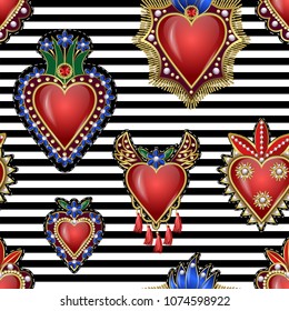 Seamless pattern with traditional Mexican hearts  patches embroidered sequins, beads and pearls. Vector illustration