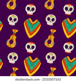 Seamless pattern with traditional mexican sugar skulls. Vector illustration.