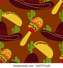 Nahtloses Muster mit traditionellem mexikanischen Symbol Sombrero hat , Tacos, Cactus, Maracas-Illustration auf braunem Hintergrund