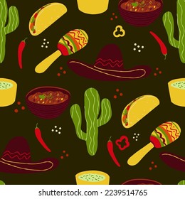 Seamless pattern with traditional Mexican symbols illustration Chili Con Carne, tacos, cactus, sombrero hat pepper on black background