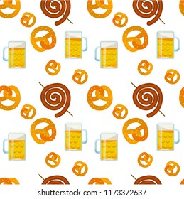 Seamless pattern of traditional Oktoberfest food. Oktoberfest beer festival icons. Oktoberfest symbol: mug, snack, pretzel, sausage on white background