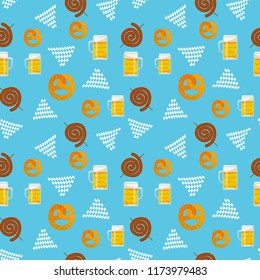 Seamless pattern of traditional Oktoberfest food. Oktoberfest beer festival icons. Oktoberfest symbol: mug, snack, pretzel, sausage on white background