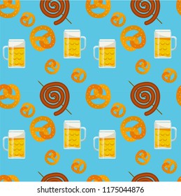Seamless pattern of traditional Oktoberfest food. Oktoberfest beer festival icons. Oktoberfest symbol: mug, snack, pretzel, sausage on white background