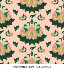 Seamless pattern in traditional oriental style, ornament with exotic flowers and leaves.  Use for fabric or textile design, wallpapers, floral background and pattern fills. Vector illustration