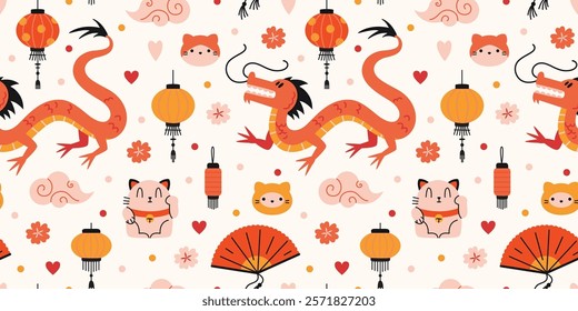 Seamless pattern with traditional oriental symbols of Asian culture such as red dragon, Chinese lanterns, fan and Neko cat. Trendy modern vector illustration on light background, hand drawn, flat