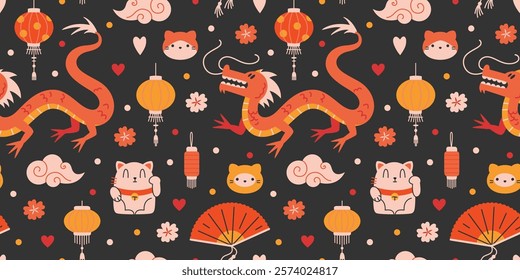 Seamless pattern with traditional oriental symbols of Asian culture such as red dragon, Chinese lanterns, fan and Neko cat. Trendy modern vector illustration on black background, hand drawn, flat