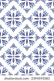 Seamless pattern of traditional ornament in blue and white colours. Vector background for textile, fabric, lienen, paper, web. Russian seamless pattern in gzhel style.