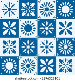 Seamless pattern with traditional ornate decorative tiles. Portuguese ceramic square tiles in blue. Colorful vector illustration.