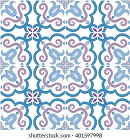 Seamless pattern. Traditional ornate portuguese and brazilian tiles azulejos in blue and violet colors. Abstract background. Seamless texture. Vector illustration, eps, added to swatch palette.