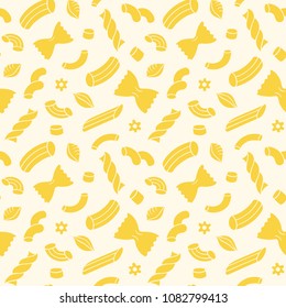 Seamless pattern of traditional pasta shapes. Different types of macaroni. Vector illustration.