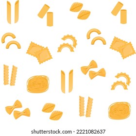 Patrón inconfundible de pastas tradicionales. Diferentes tipos de macarrones. Ilustración vectorial.