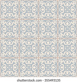 Seamless pattern. Traditional portuguese azulejos tile ornament. Light blue and gray colors.