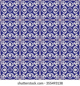 Seamless pattern. Traditional portuguese azulejos tile ornament. Dark blue and light gray colors.