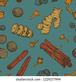 Seamless pattern with traditional pumpkin spices. Hand drawn cinnamon, allspice, ginger, clove, nutmeg on turquoise background.