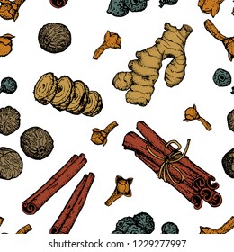 Seamless pattern with traditional pumpkin spices. Hand drawn cinnamon, allspice, ginger, clove, nutmeg on white background.