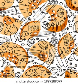 Seamless pattern with traditional pumpkin spices. Autumn backdrop Hand drawn Doodle nutmeg, cinnamon, cloves, pepper and flat pumpkin pieces. Cooking ingredient. For wallpaper, wrapping, scrapbooking.