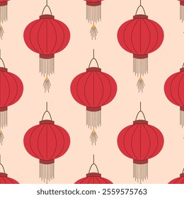 Seamless pattern with traditional red Chinese lantern on a soft beige background. Ideal for festive design, home decor, gift wrap, textile and card.