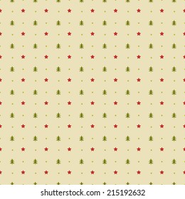 Seamless pattern. Traditional red and green colors. Christmas trees, dots and stars on a cream background