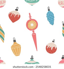 Naadloos patroon met traditionele retro kerstornamenten. Achtergrond, banner, behang, inpakpapier, stof, textiel, kladblokdeksel sjabloon.