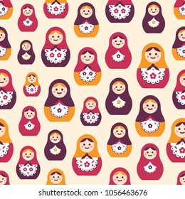 Seamless pattern with traditional Russian folk handcrafted nesting dolls. Backdrop with matryoshkas of various size. Flat colorful vector illustration for wrapping paper, textile print, wallpaper.