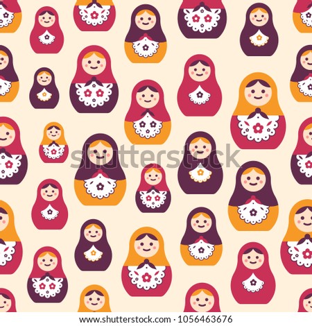 Seamless pattern with traditional Russian folk handcrafted nesting dolls. Backdrop with matryoshkas of various size. Flat colorful vector illustration for wrapping paper, textile print, wallpaper.