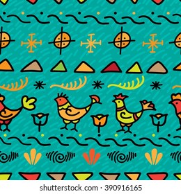 Seamless pattern in the traditional Russian style. The pattern in Russian style with birds. Vector seamless pattern with birds and symbols. Simple doodle pattern on a turquoise background.