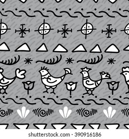 Seamless pattern in the traditional Russian style. The pattern in Russian style with birds. Vector seamless pattern with birds and symbols. Simple doodle pattern on a gray background.