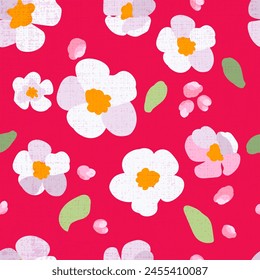 Patrón sin fisuras tradicional sakura flores rojo de fondo Textura dibujado a mano Folk blanco rosa pétalos verde hojas de margarita Brillante adorno Vector ilustración plana