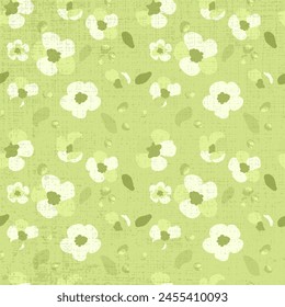 Seamless pattern traditional sakura flowers green background Texture hand drawn Folk white petals green daisy leaves Bright ornament Vector flat illustration