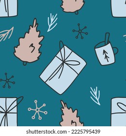 Seamless pattern with traditional seasonal decoration element grey blue warm color design. Christmas Winter Cozy nordic doodle hand drawn Wrapping paper pine tree, socks, lollipop, tea cup, snowflake