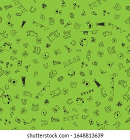 Seamless pattern with traditional St. Patrick's day symbols. vector set of flags, beer mugs, clover, pub decorations, leprechaun hat, pot with gold coins. Vector illustration, in the Doodle style 
