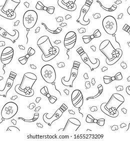Seamless pattern with traditional St. Patrick's day symbols.A leprechaun's hat and boots.Vector illustration in Doodle style on a white background.For pub design, restaurant menus, signage, textiles.