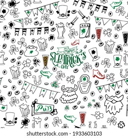 Seamless pattern with traditional St. Patrick's Day symbols drawn in a doodle style.Vector background of  beer mugs, clover, pub decorations, leprechaun hats, and Happy St. Patrick's Day lettering.