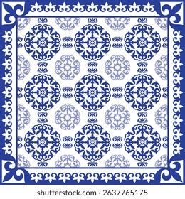 Seamless pattern in traditional style Portuguese tile. Luxury Blue white ceramic tile pattern, azulejo seamless square pattern with damask ornament, arabesque,floral element. Ornament for ceramic tile