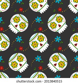 Seamless pattern with traditional sugar Mexican skull. Day of the dead skull. Vector illustration