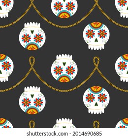 Seamless pattern with traditional sugar Mexican skull. Day of the dead skull. Vector illustration