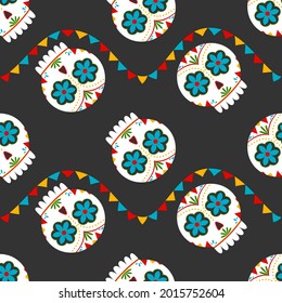 Seamless pattern with traditional sugar Mexican skull. Day of the dead skull. Vector illustration