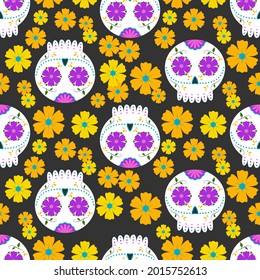 Seamless pattern with traditional sugar Mexican skull. Day of the dead skull. Vector illustration