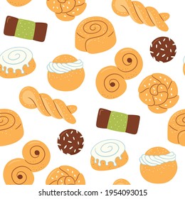 Seamless pattern with traditional swedish sweets. Kanelbulle bun, cinnamon roll, Semla, lussekatt, dammsugare and chokladboll. Hand drawn vector illustration on white background