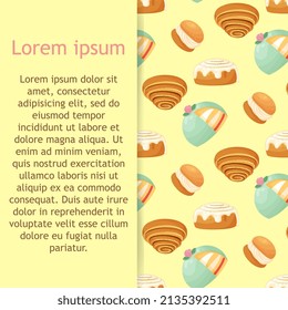 Seamless pattern with traditional swedish sweets. Kanelbulle roll, cinnamon bun, prinsesstarta, semla. Vector illustration in the cartoon style.