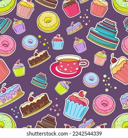 Patrón sin foco con postres dulces tradicionales para té y café en colores vivos sobre un fondo morado oscuro