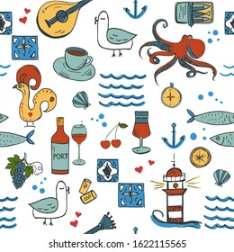 Seamless pattern with traditional symbols and elements of Portugal. Colorful vector illustration in doodle style