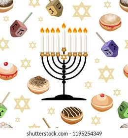 Seamless pattern with traditional symbols of Hanukkah.  Jewish holiday Hanukkah  design with sufganiyot ,dreidel, menorah,  bunting, coins isolated on white background. Vector illustration.