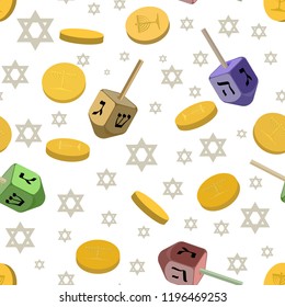 Seamless pattern with traditional symbols of Hanukkah.  Jewish holiday Hanukkah  design with dreidel, star of David,  coins isolated on white background. Vector illustration.