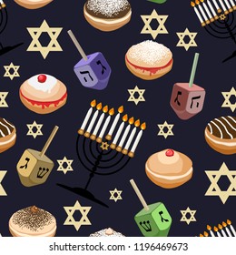 Seamless pattern with traditional symbols of Hanukkah.  Jewish holiday Hanukkah  design with sufganiyot ,dreidel, menorah,  bunting, coins isolated on dark background. Vector illustration.