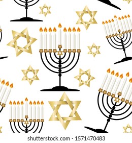 Seamless pattern with traditional symbols of Hanukkah.  Jewish holiday Hanukkah  design with gold star of David, menorah,  isolated on white background. Vector illustration.