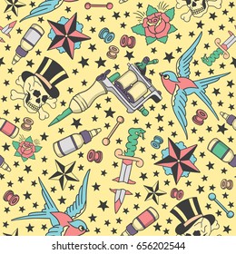 Seamless pattern with traditional tattoos, tattoo equipment and piercings in vintage color